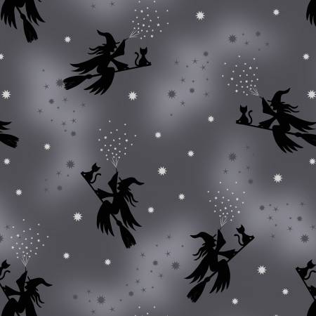 6722-3 Cast a Spell - Flying Witches on Grey Metallic Yardage