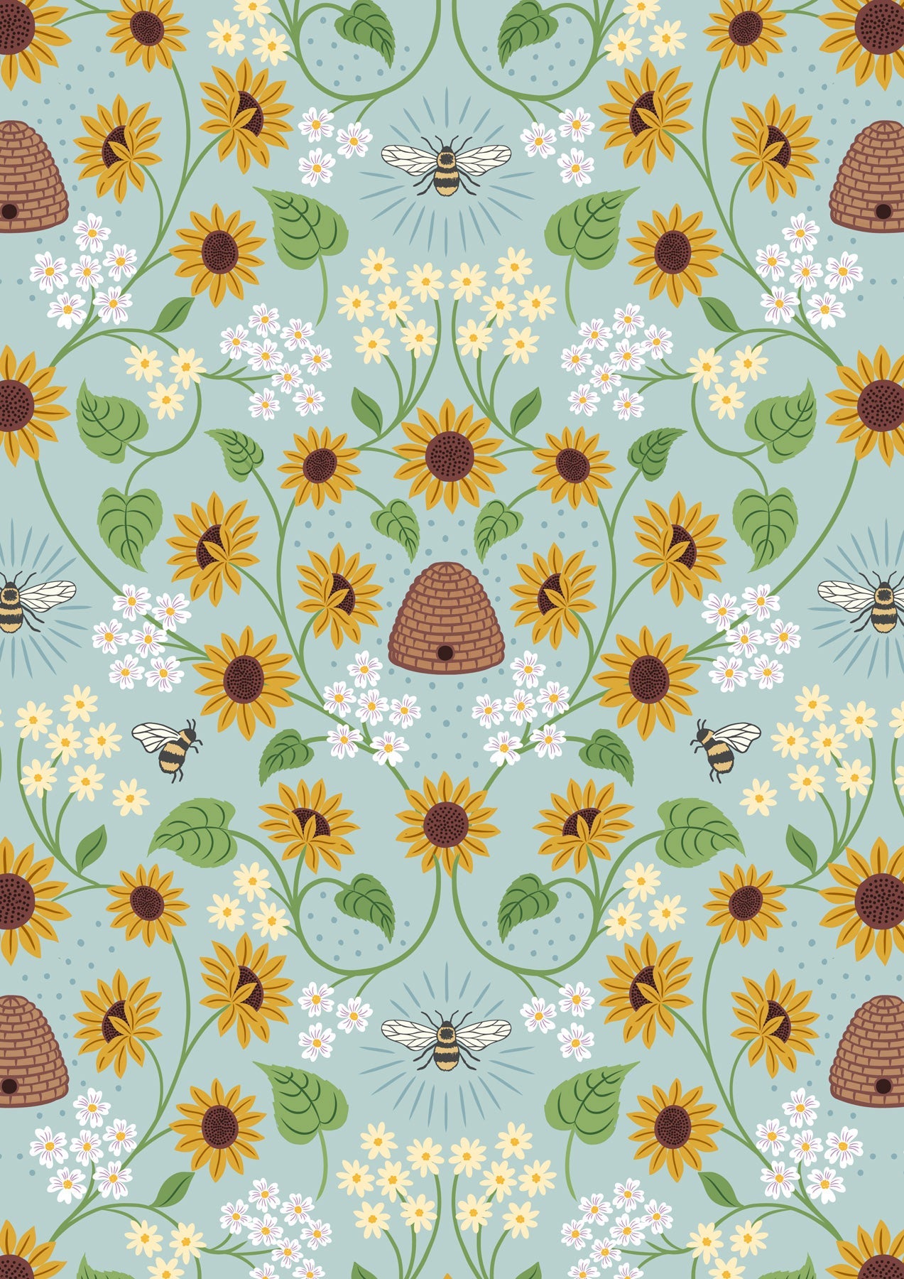Image of 6747-2 Sunflowers - Bee Hive on Pale Blue Bolt